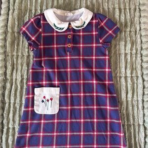 Girls Plaid Purple & Pink Dress with White Collar and Embroidered Pocket